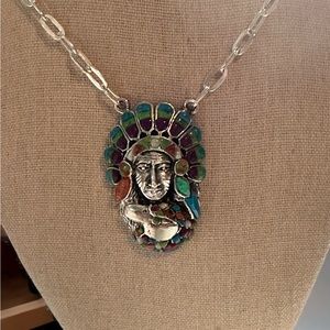 Solid Sterling Silver & Multistone Inlay Turquoise, Coral & Opal Indian Necklace